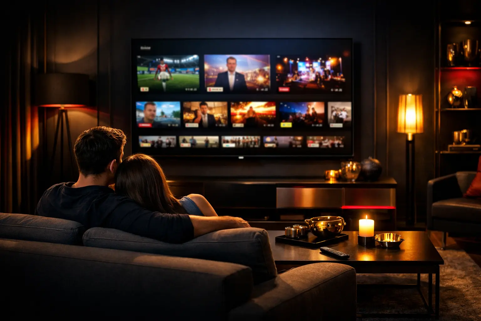 IPTV kaufen — Premium IPTV Abo von bestesmarterspro auf einem Smart TV im Wohnzimmer